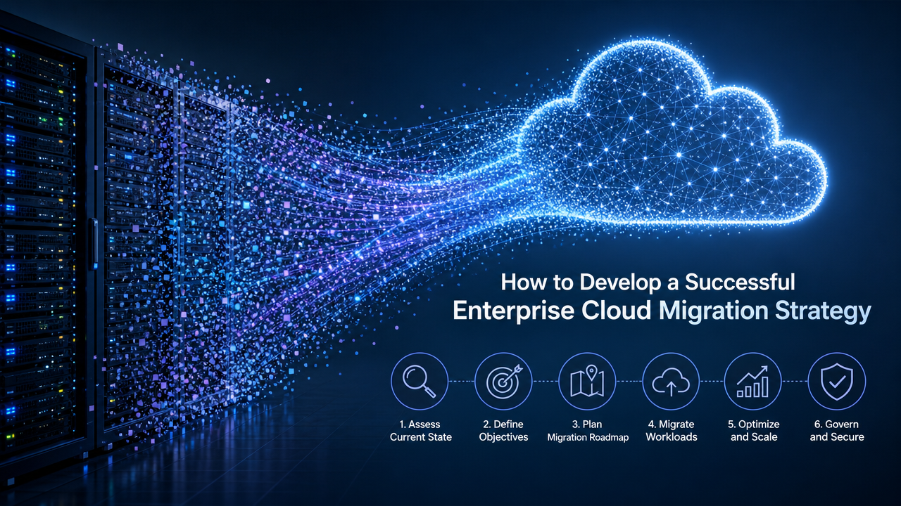 Server racks dissolving into streams of data that reform as a cloud