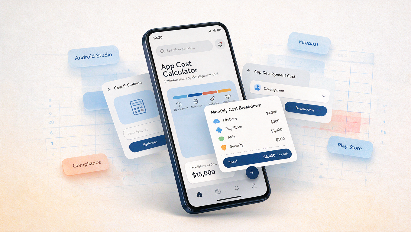 A phone showing an app cost calculator with cost breakdown cards fanned out around it