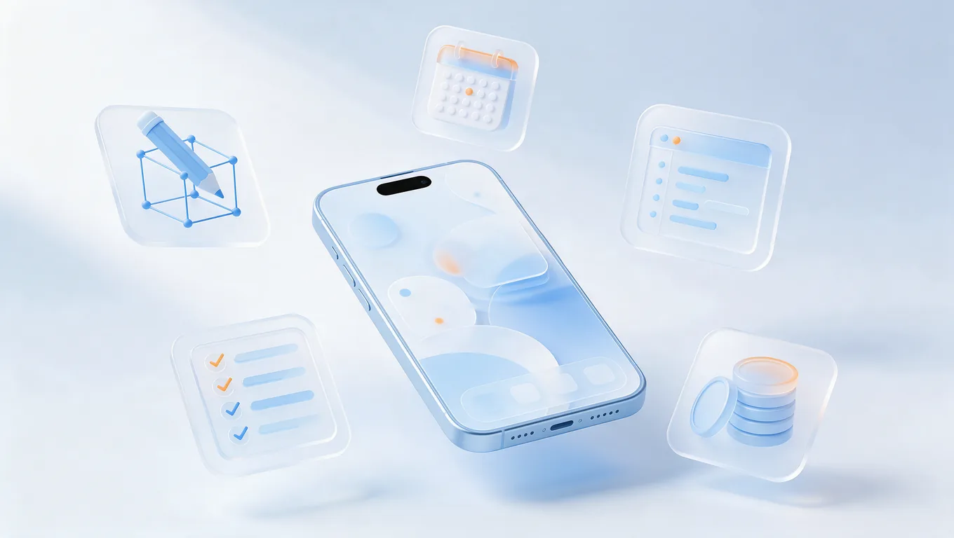 A smartphone app surrounded by wireframes, code, a review checklist, and cost cards