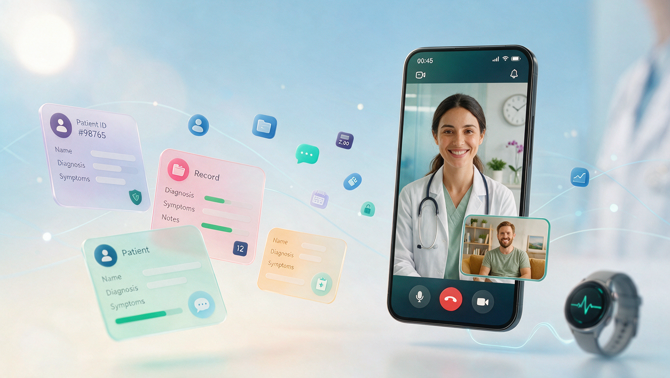 A telemedicine video consultation on a phone surrounded by floating patient record cards