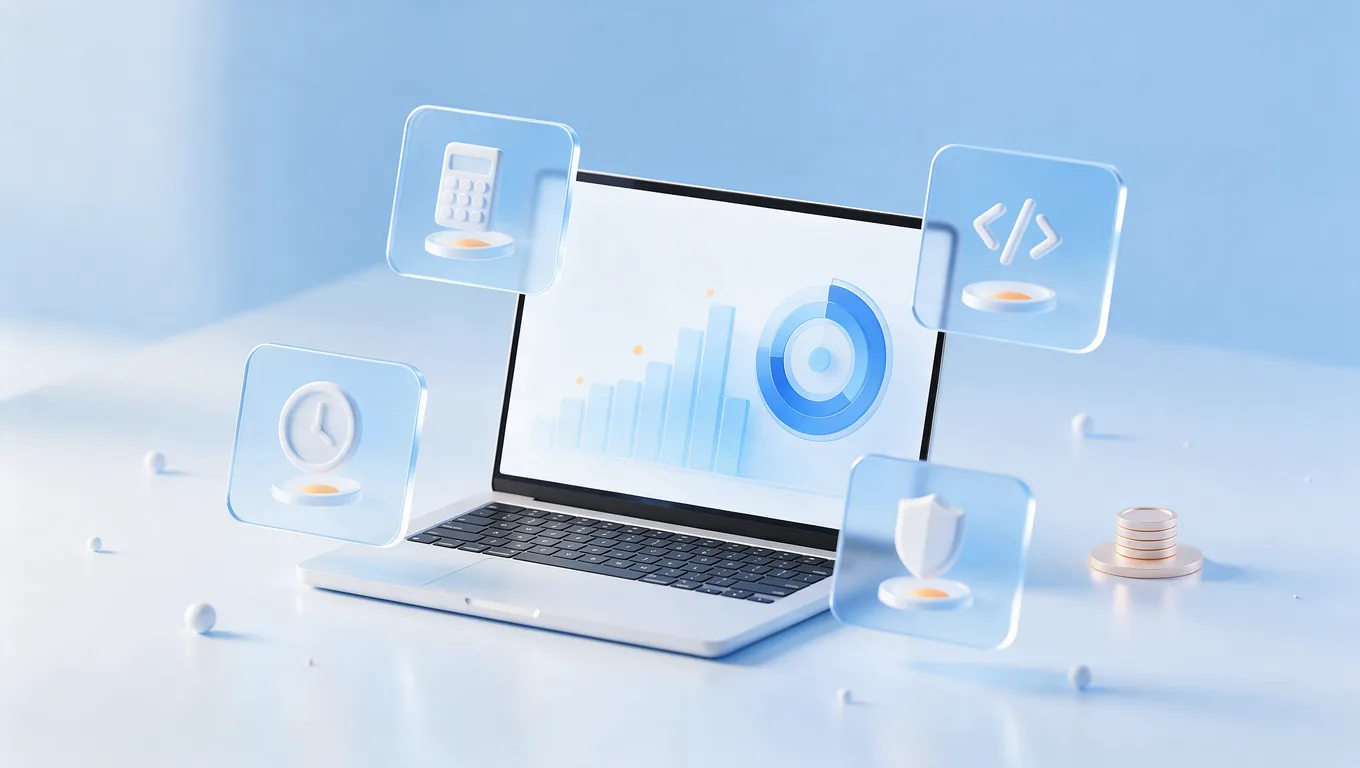 A laptop showing a software cost dashboard, surrounded by estimate cards and a stack of coins