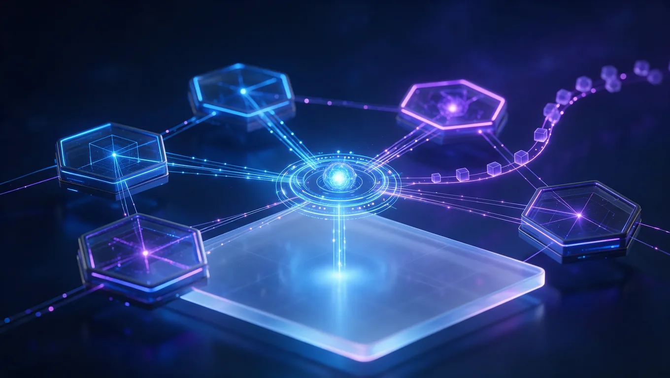 Cloud-native services shown as connected modules around a gateway, with a message queue and a cache layer