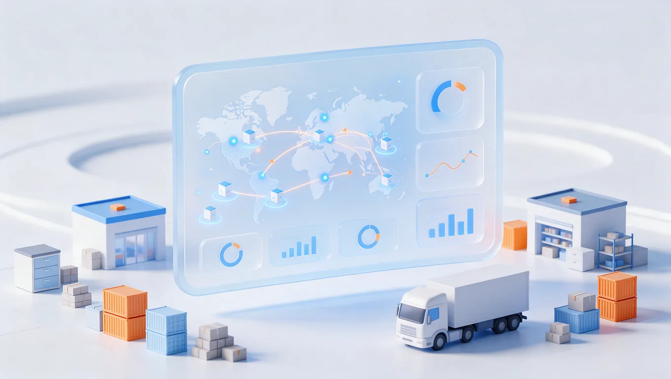 A supply chain dashboard with delivery routes, warehouses, inventory, and trucks