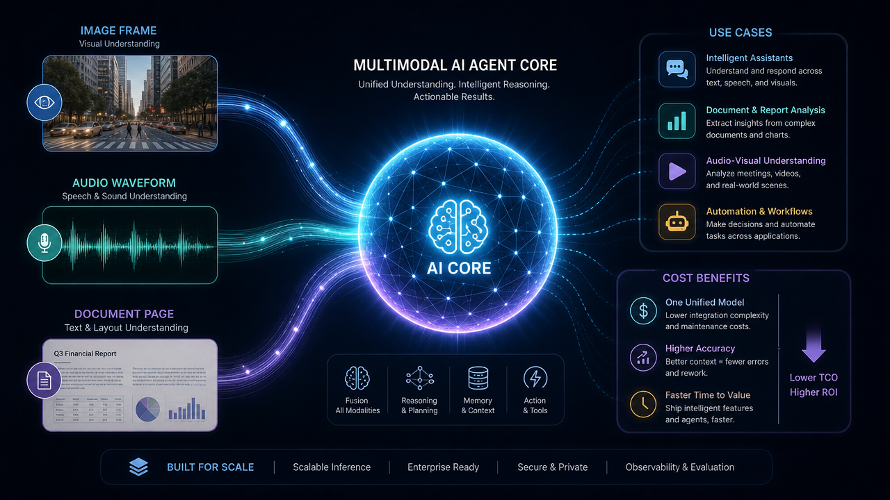 Image, audio and document inputs converging into a single multimodal AI agent core