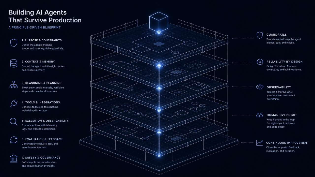Blueprint of a layered AI agent system with guardrails, observability and human oversight marked on each level