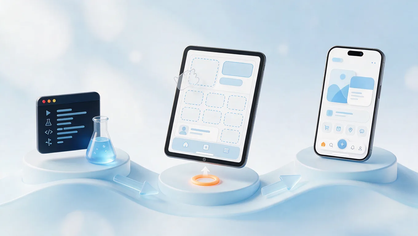 Three validation stages side by side: a technical test, a clickable prototype, and a working app