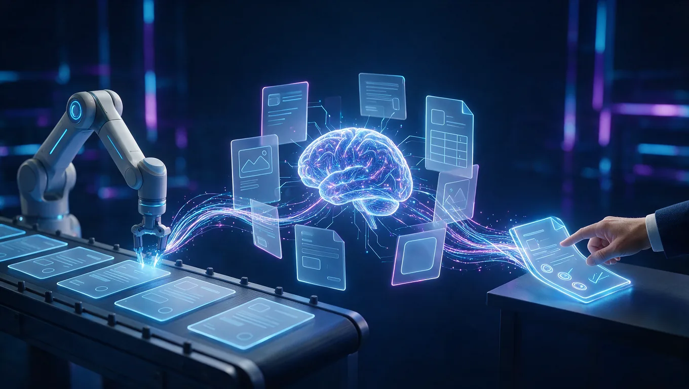 A software robot processing identical forms beside an AI reading varied invoices and emails, with a person approving a flagged document