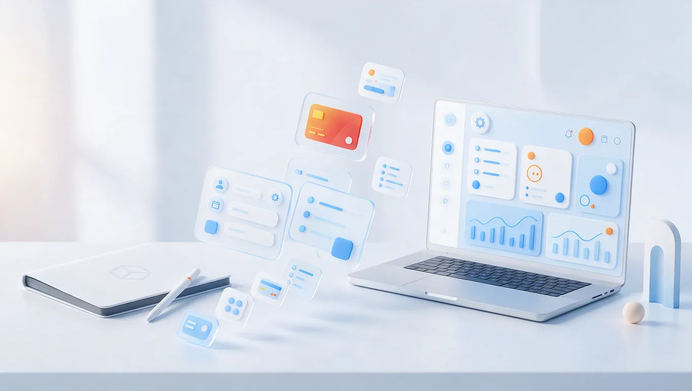 A notebook and floating interface cards, including a payment card, leading to a live SaaS dashboard on a laptop