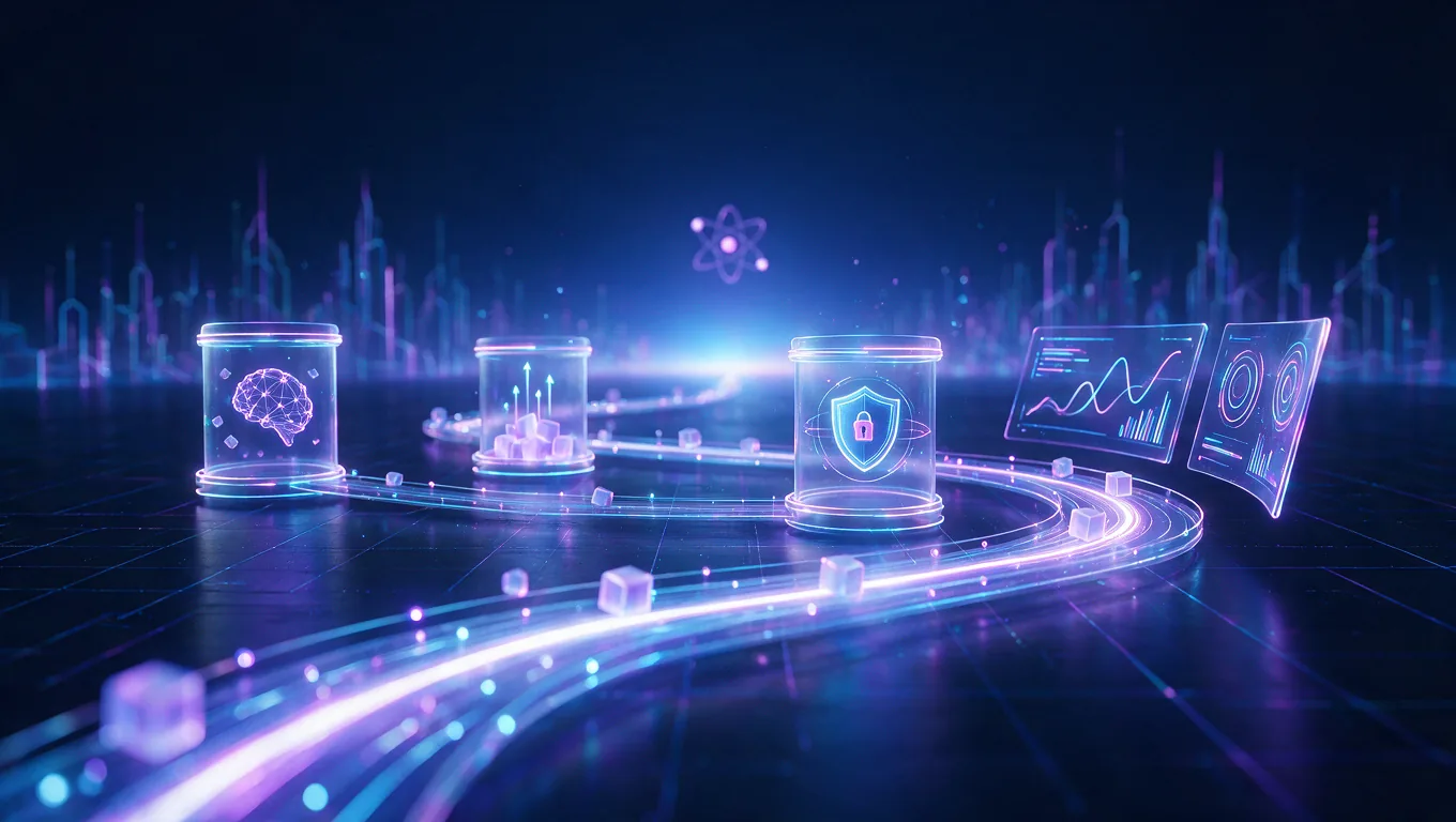 A software delivery pipeline passing AI agents, cloud containers, security checks, and observability dashboards
