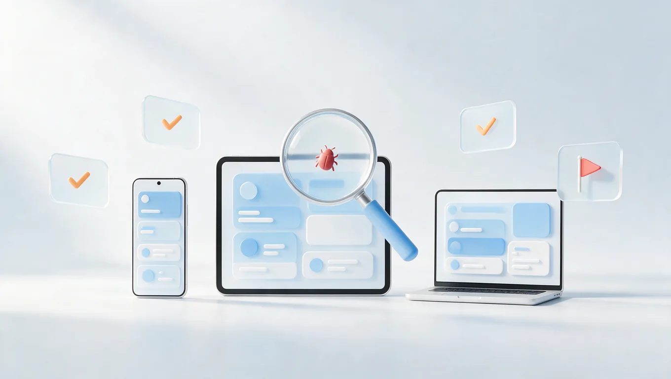 A magnifying glass checking an app on a phone, tablet, and laptop while catching a bug