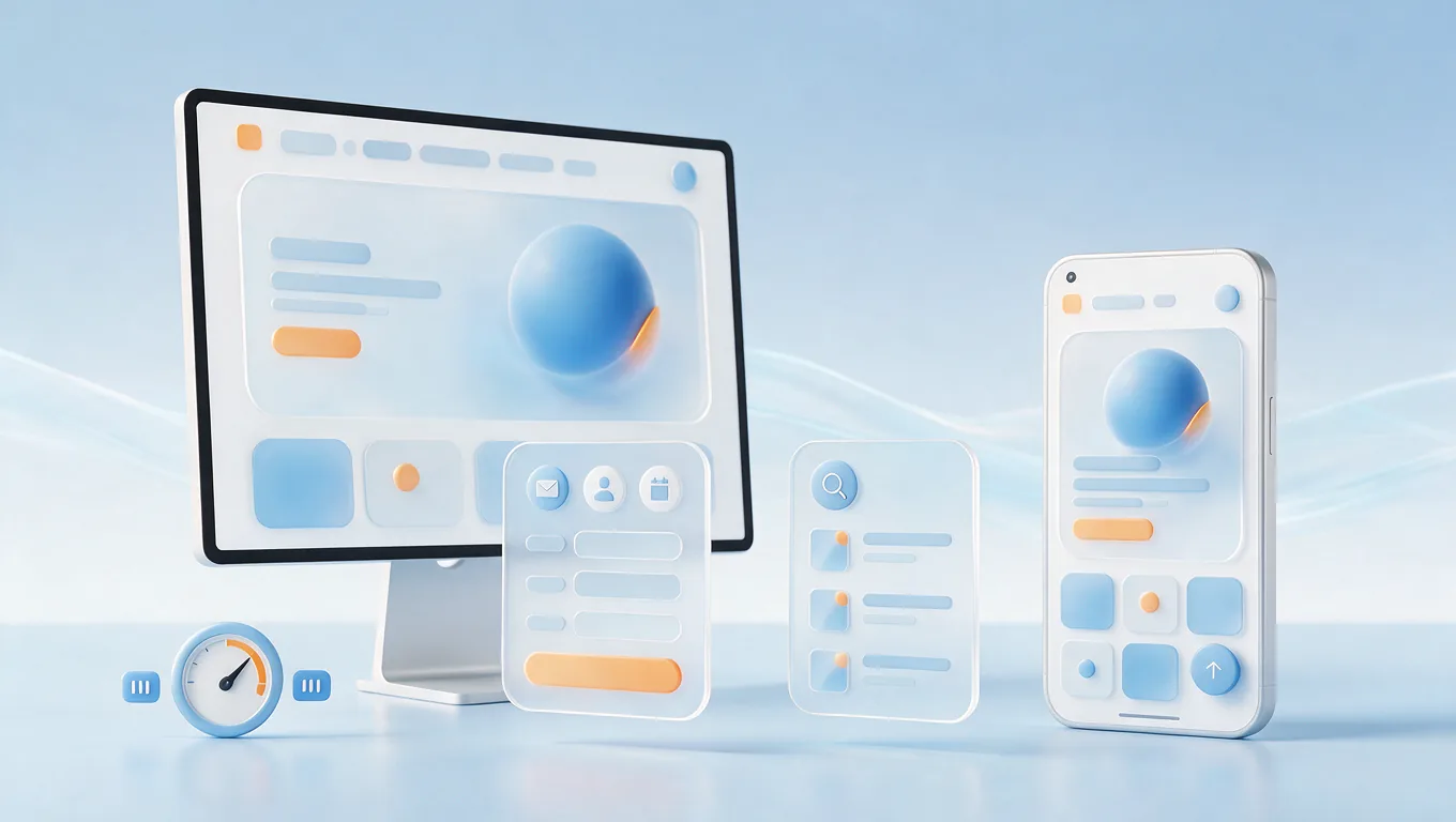A brand website on a desktop monitor and a phone, with a contact form and a search result